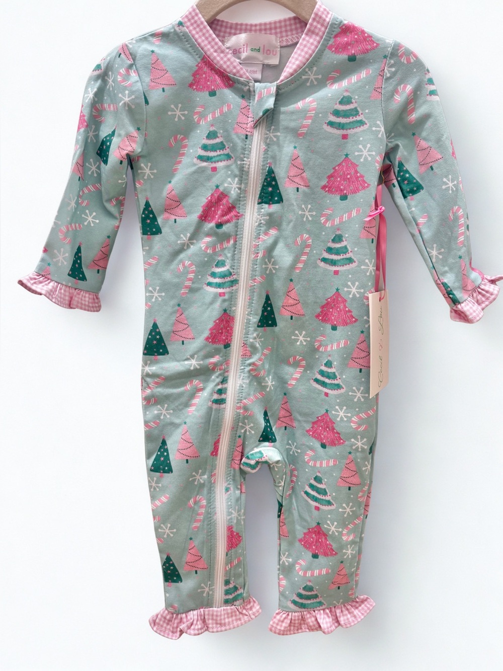 NWT Cecil and Lou Baby Girl Mint Pink Holiday Tree Zip One-Piece